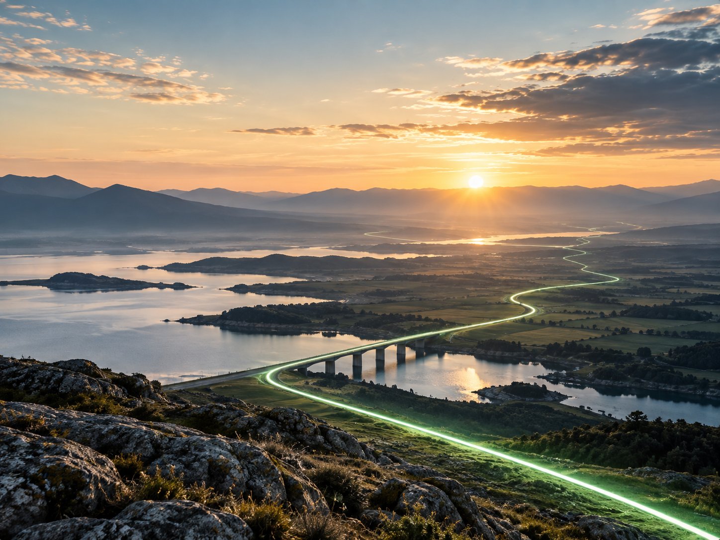 A glowing green route crossing a bridge and valley towards a sunrise